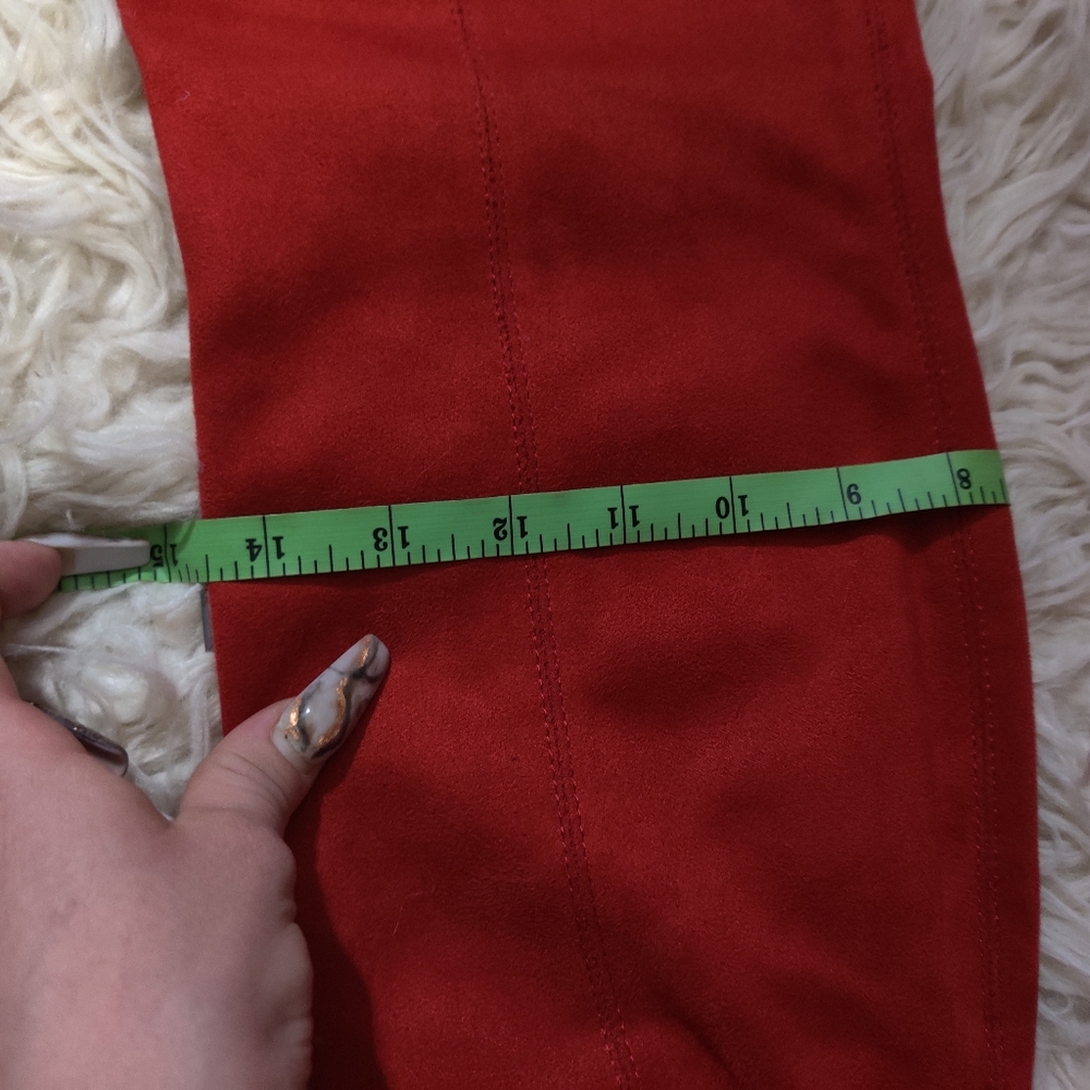Red thigh high wide calf heeled boots